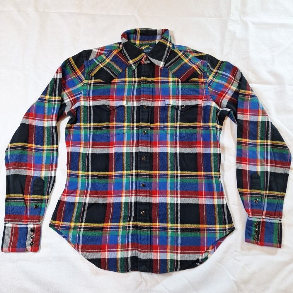 Ralph Lauren Polo Flannel Western Shirt Misses 8 Black Multi Plaid Pearl Snap